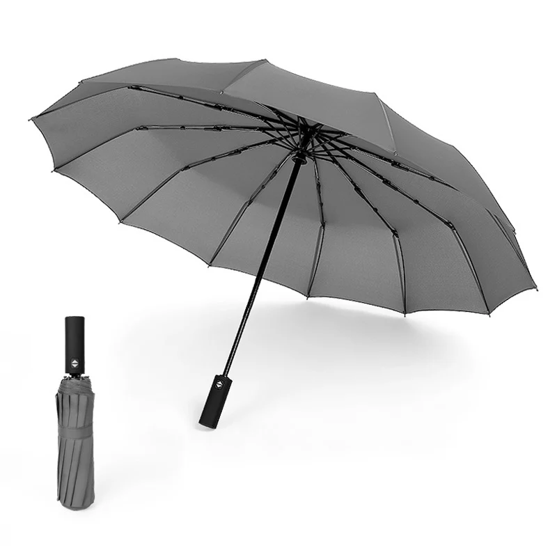 Only Jime Automatic Umbrella Solid Color 12 Bone Super Large Double Windproof Folding Umbrella Three Fold Unisex Umbrella - Цвет: Gray