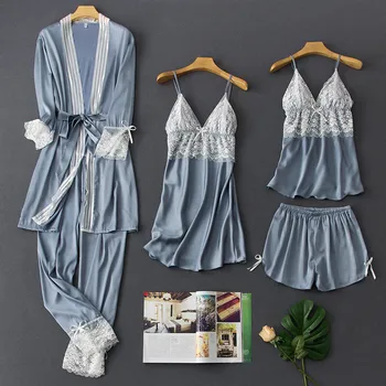 

Sexy 5PCS Bathrobe Intimate Lingerie Homewear Pathwork Women Lace Sleepwear Kimono Gown Satin Novelty Sleep Set Nightwear