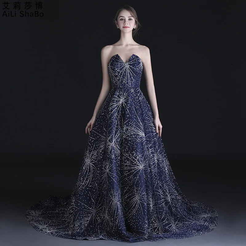 navy blue Элегантное вечернее платье со шлейфом на шнуровке, вечерние платья, длинное кружевное вечернее платье, платья Vestidos - Цвет: navy blue
