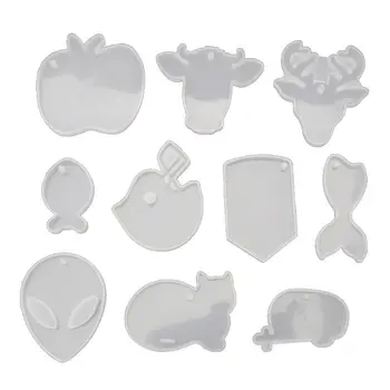 

10Pcs Keychain Pendant Resin Molds Aliens Cat Deer Apples Whale Fish Epoxy Mold Silicone Molds Jewelry Making