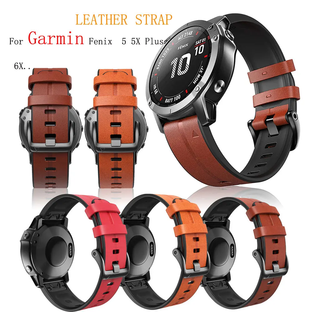 

26 22MM Watchband Strap For Garmin Fenix 5 5X 3 3 HR Fenix 6X 6 6X Por MK1 Watch Quick Release LEATHER Easyfit Wrist Band Strap