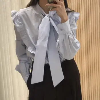 

HziriP 2020 New Women Blouses Vintage Elegant Basic OL Shirt Lace Up Bow Collar Long Sleeve Loose Solid White Ladies Tops Female