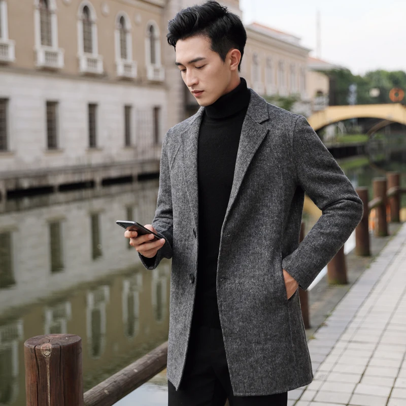 

2020 Winter Men Double-faced Woolen Coat Fashion Wool Blend British style Slim Fit High-end Herringbone Trenchcoat Outwear