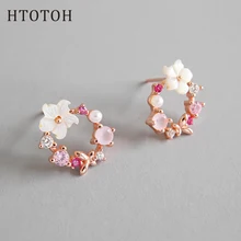 

S925 Sterling Silver Fashion Girl Wreath Stud Earrings Crystal Shell Material