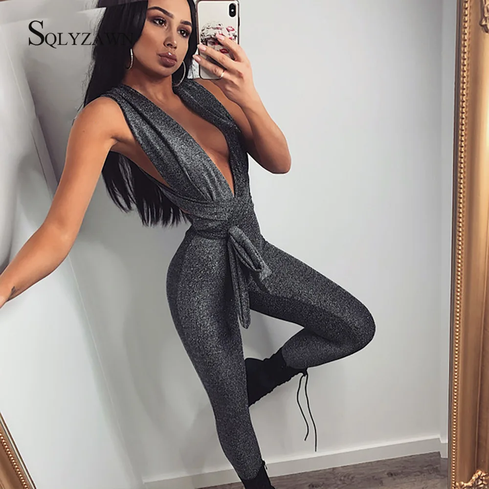Sexy Sparkle Jumpsuit Women Off Shoulder Lace Up Bodycon Bandage Long Pants Glitter Backless Party Club Rompers Womens Jumpsuits 3