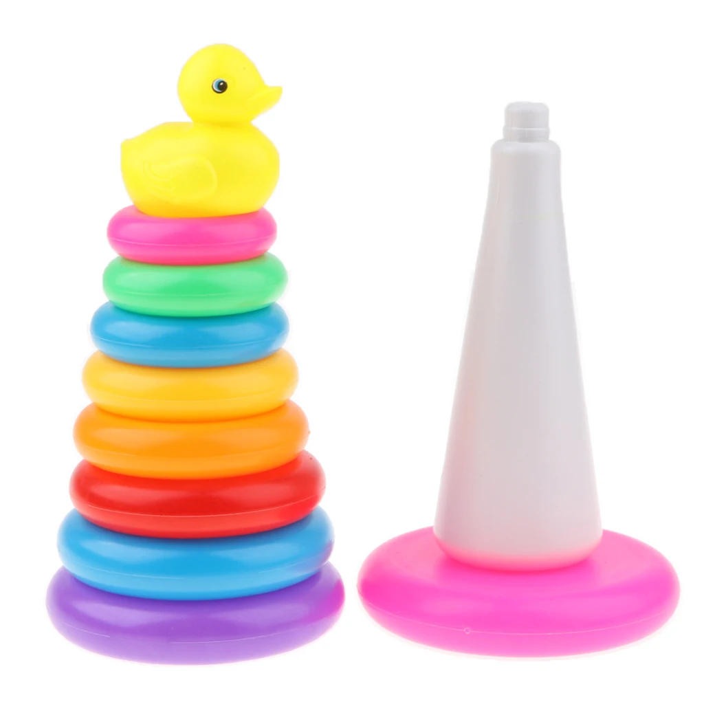 9 Rainbow Color Stacking & Nesting Rings with a Yellow Duck Bath Toy Kit, Kids Baby Toddler Bath Time Playing