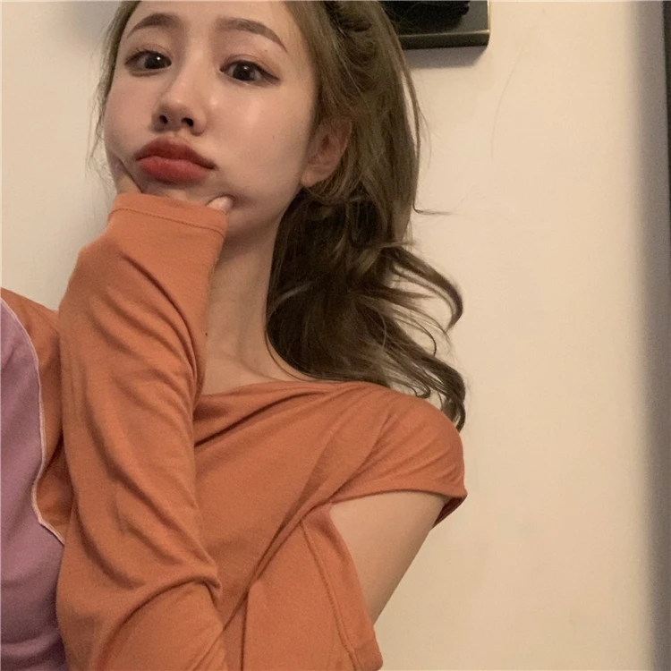 WHITNEY WANG футболка с длинным рукавом модная уличная цвета контрастная Лоскутная полый тонкий футболка женская футболка Топы