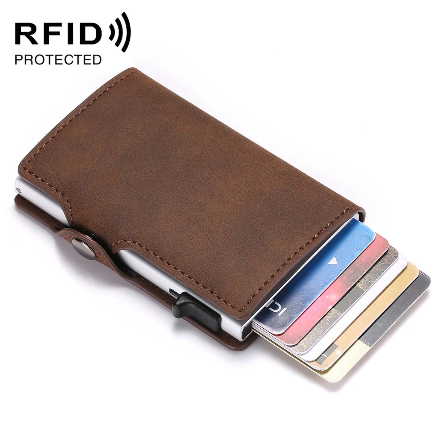 

Hasp Men Credit Card Holder Genuine Cow Leather RFID Blocking Automatic ID Card Holder Aluminum Metal Men Wallet Purse for Cards