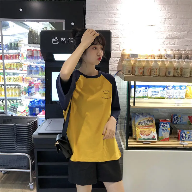 Women 5 Quarter Short Raglan Sleeve T-shirts Casual Patchwork Loose PopularO-neck Lazy Korean Style Simple Vintage584_voghion.com