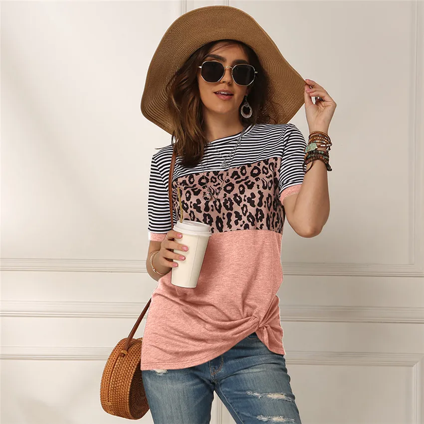

Leopard Patchwork T Shirt Summer Short Sleeve Top Women Tie Tee Shirts 2020 New Slim Fit T Shirt Women Tops Tee Summer Streetwea