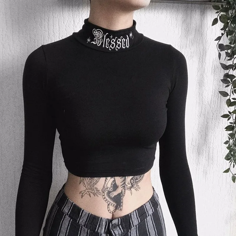 Women T Shirt INS Autumn Crop Top High Street Floral Embroidery High Collar Long Sleeve Exposed Navel Pullover Tops for Women