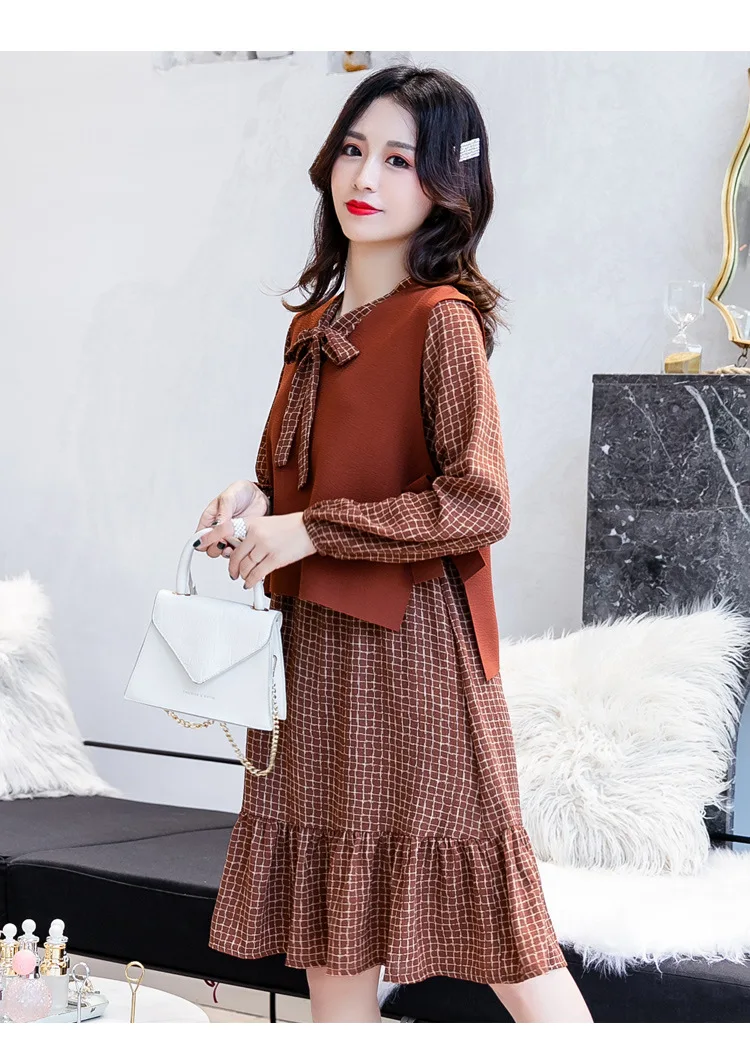 Fashion Womens Breastfeeding Dresses Autumn Winter Maternity Pregnant Nursing Dress 2 Pcs Long Sleeve Ruffles Pregnancy Clothes (17)