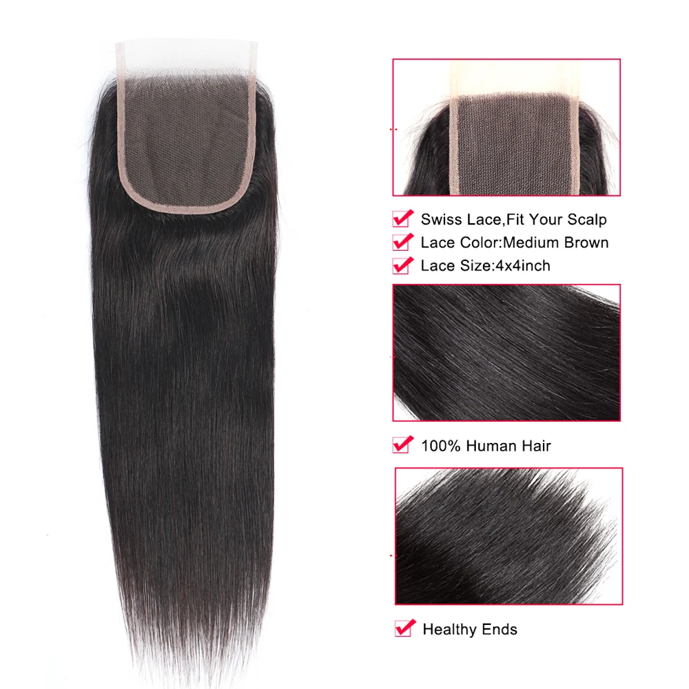 Superfect перуанские пучки волос с закрытием прямые волосы 3 пучка с закрытием натуральный цвет Remy человеческие волосы переплетения