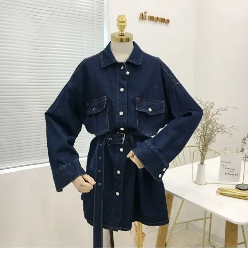 Dark Blue Весенняя и Осенняя Новинка, Корейская Свободная джинсовая рубашка с длинным рукавом, женская джинсовая рубашка с зауженной талией, джинсовая рубашка для студентов - Цвет: Dark Blue