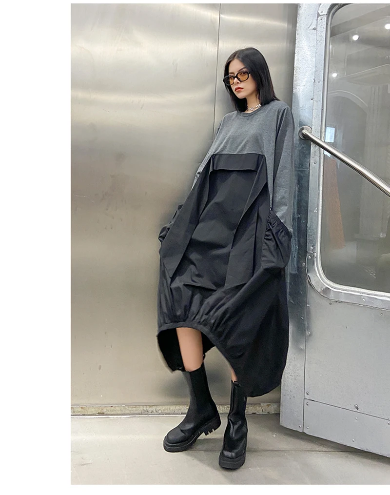 [EAM] Women Gray Contrast Color Big Size Dress New Round Neck Long Sleeve Loose Fit Fashion Tide Spring Autumn 2020 1DA259