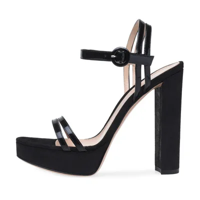 

Women Sexy Black Patent Leather Narrow Band Platform Sandals Summer Open Toe Flock Platform High Square Heel Party Shoes