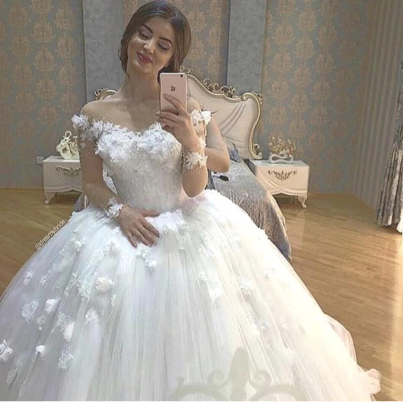 Бальное платье vestido de noiva, иллюзионный вырез, арабское свадебное платье с длинными рукавами и цветами, белые платья для матери невесты