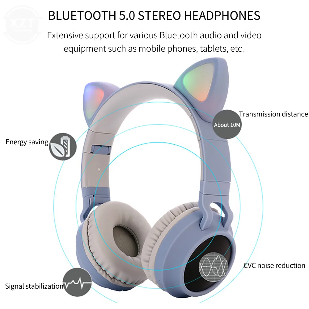 Cat Ear Bluetooth 5 0 Headphones LED Noise Cancelling Girls Kids Cute Headset Support TF Card Jack 3 5mm Mic Wireless Headphones