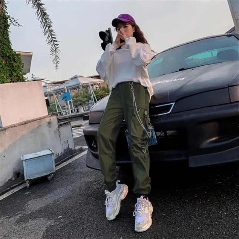 

Women Cargo Buckle Ribbon Pocket Jogger Elastic Waist High Streetwear Harajuku Pant Punk Ring Chain Plus Size