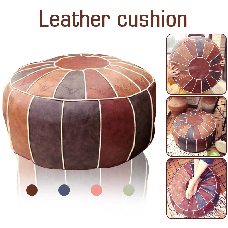 Foot Stool Moroccan Artificial PU Leather Cushion Cover Embroidery Craft Ottoman Footstool Case Living Room Decor Unstuffed Pouf Covers