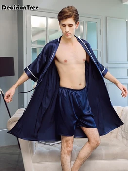 

2020 mens robe silk long sleeve long bathrobe lightweight sleepwear belt pajamas dressing gown kimono
