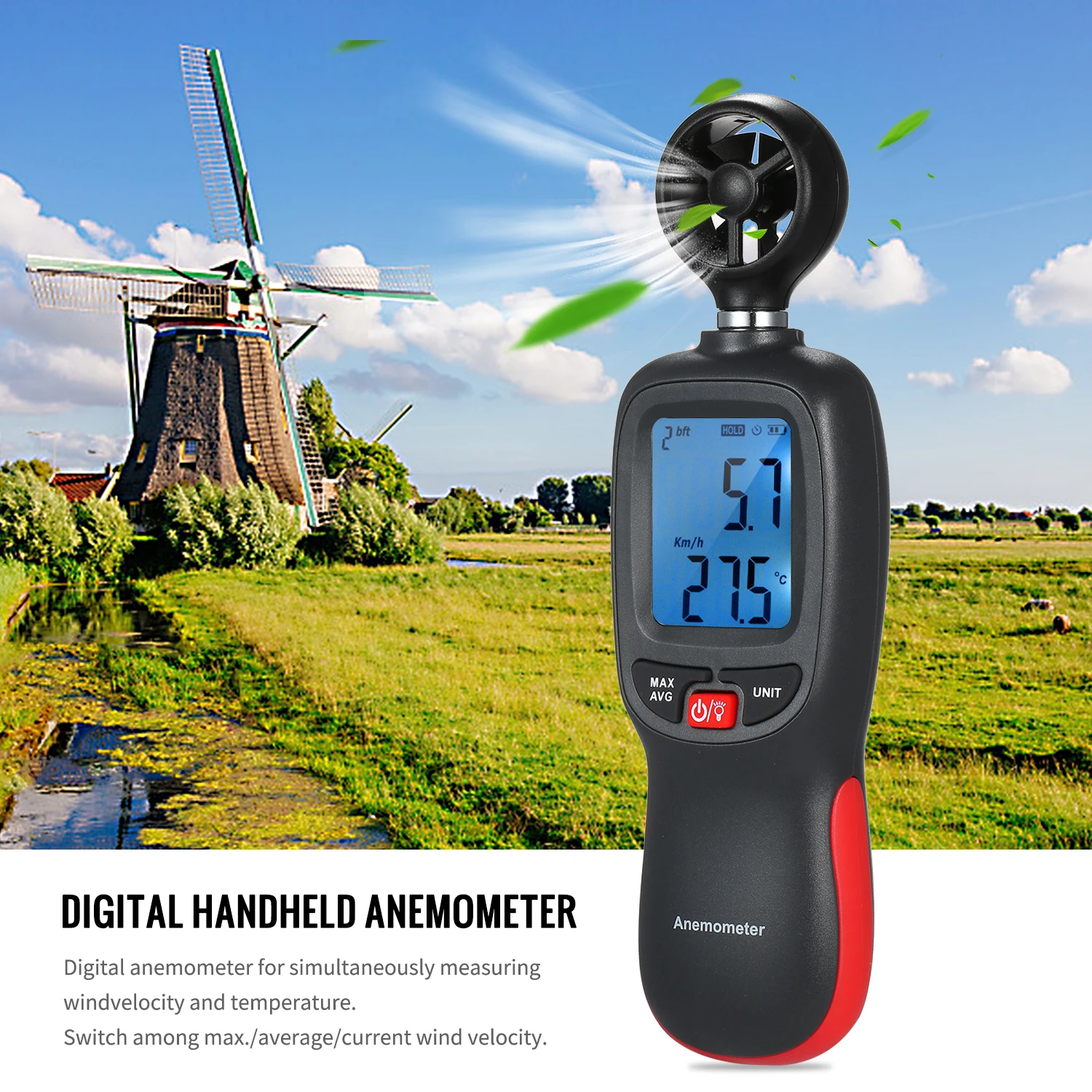 

Portable Digital Anemometer Thermometer Handheld Pocket Wind Speed Meter Air Velocity Temperature Tester with Max/Data Hold Mode