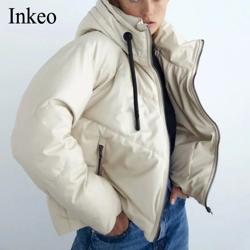 

Thick Warm Faux Leather Padded Jacket Women Winter Fashion Hooded Jacket Parka Short Coat Pockets Outerwear Top 2021 INKEO 9O091