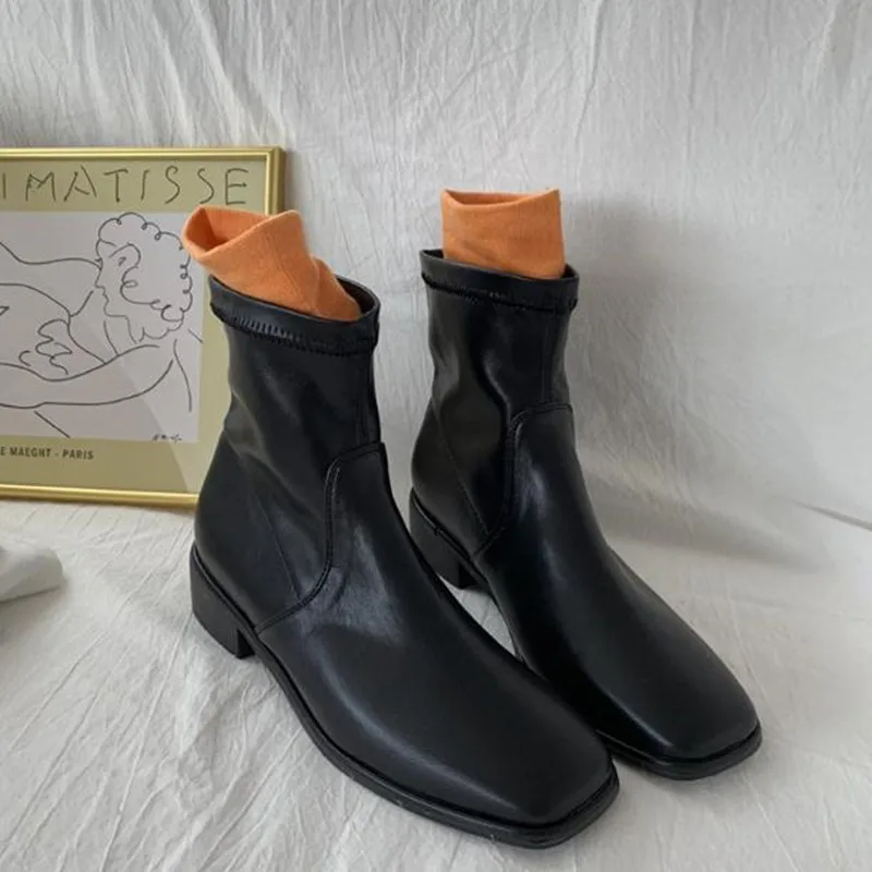 

Spring and Autumn New Elastic Martin boots Square head Booties Casual flat women's boots simple Women Shoe botas