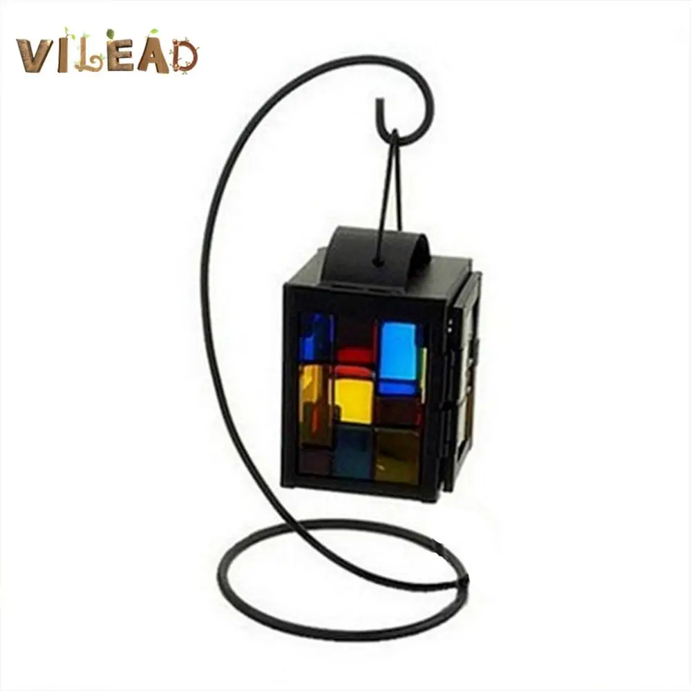 

VILEAD 22cm Iron Colorful Glazed Wndow Candle Holder European Wedding Birthday Hanging Candlestick Home Desktop Decoration