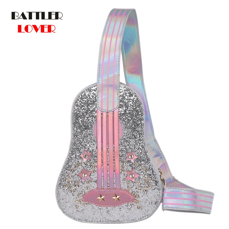 Trendy Guitar Shape Pink Silver Laser Diamond Handbag Young Girl