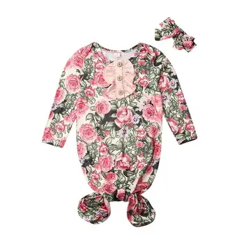 

Cute Newborn Baby Boy Girl Long Sleeve Floral Blanket Swaddle Wrap Gown Cotton Sleeping Bag Headband 2PCS Sleepwear 0-6M