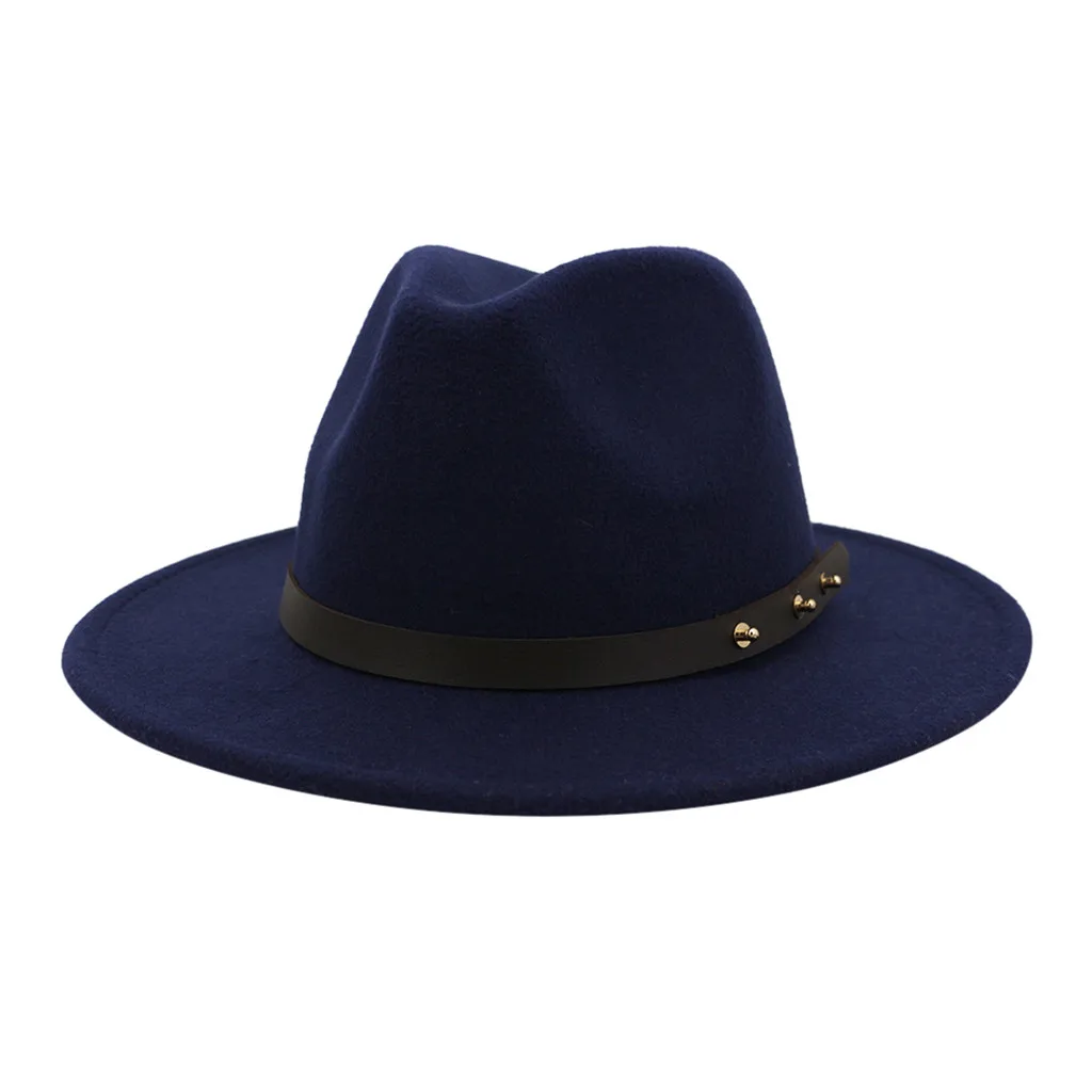 Зимняя фетровая шляпа, мужские шапки, винтажные шляпы с широкими полями, с пряжкой на ремне, регулируемые шляпы, Homme Feutre# ew - Цвет: Navy