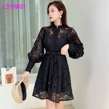 

2019 new Japanese style lantern sleeves lace retro palace style minority dress Knee-Length Regular Full Sheath