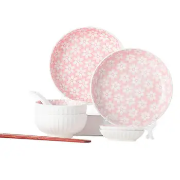 

10Pcs/Set Ceramic Tableware Pink Flower Bowl Plate Spoon Dish Chopsticks Dinnerware Set