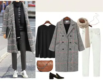 

Coat Women's New 2020 Large Size Women's Classic Plaid fat MM Baoyang Long Coat Women's Woolen Coat