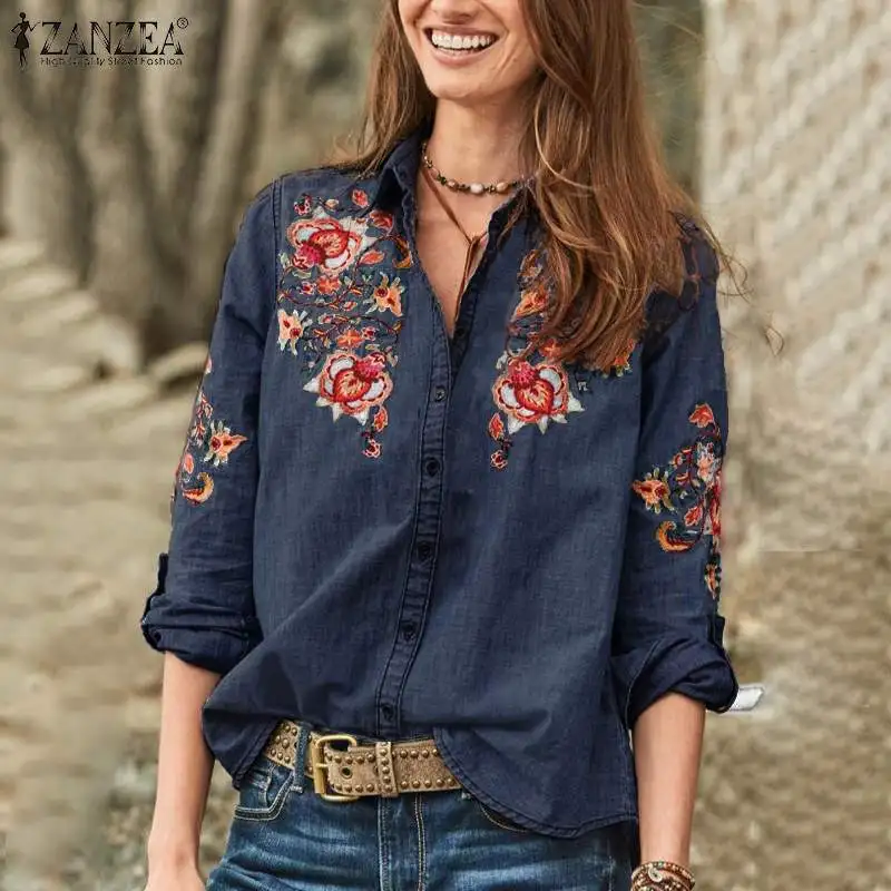 

2019 ZANZEA Women Vintage Embroidered Blouse Autumn Long Sleeve Denim Blue Shirts Female Button Down Blusas Party Top Tunic Tops