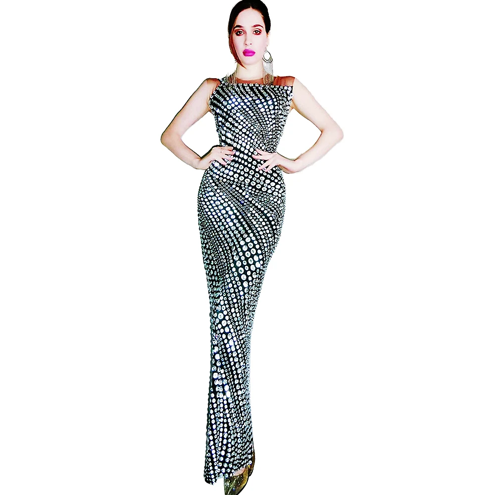 

Shining Rhinestone Silver Women Long Dress 2024 Sleeveless Ankle Length Dress Birthday Drag Queen Party Outfit Celebrate Evening