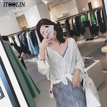 

ITOOLIN Long Sleeve Feminina Ice Silk Shirt Tops Solid New Fashion Loose Clothing Female Women Sun Proof Blusa Cotton Summer