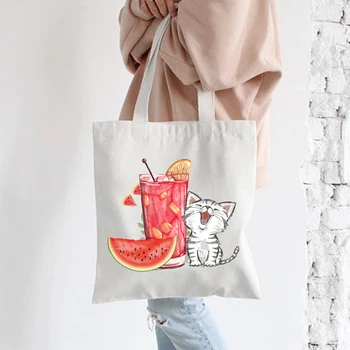 

Cat Shopping Tote Bag Cute Animal Print Fashionable Design White Bags Unisex Original Custom Cotton Cloth Art Gift Shoulder Bag