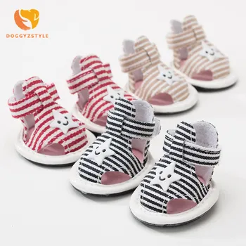 

Striped Canvas Dog Sandals Breathable Soft sole Slip-proof Dog Shoes Summer Skidproof Boots For Poodle Teddy Yorkshire Small Dog