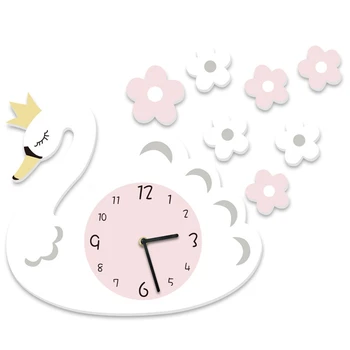 

New Swan Wall Clock PVC Cartoon Hanging Clock Interior Home Decor Silent Baby Room Wall Clock Wall Stickers for Kids Rooms