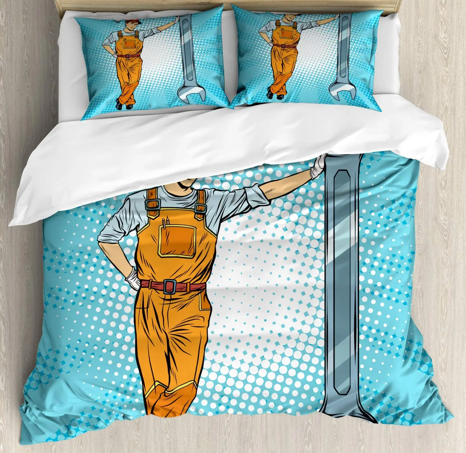 Auto Mechanic Duvet Cover Set Retro Style Repairman With Big