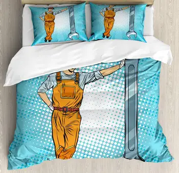 

Auto Mechanic Duvet Cover Set Retro Style Repairman with Big Wrench Pop Art Comic Book Drawing Character Decorative 3 Piece