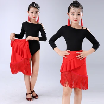 

Songyuexia New Children latin Dance Clothing Girl Tassels latin dress Girl long & short sleeve red black latin dance skirt