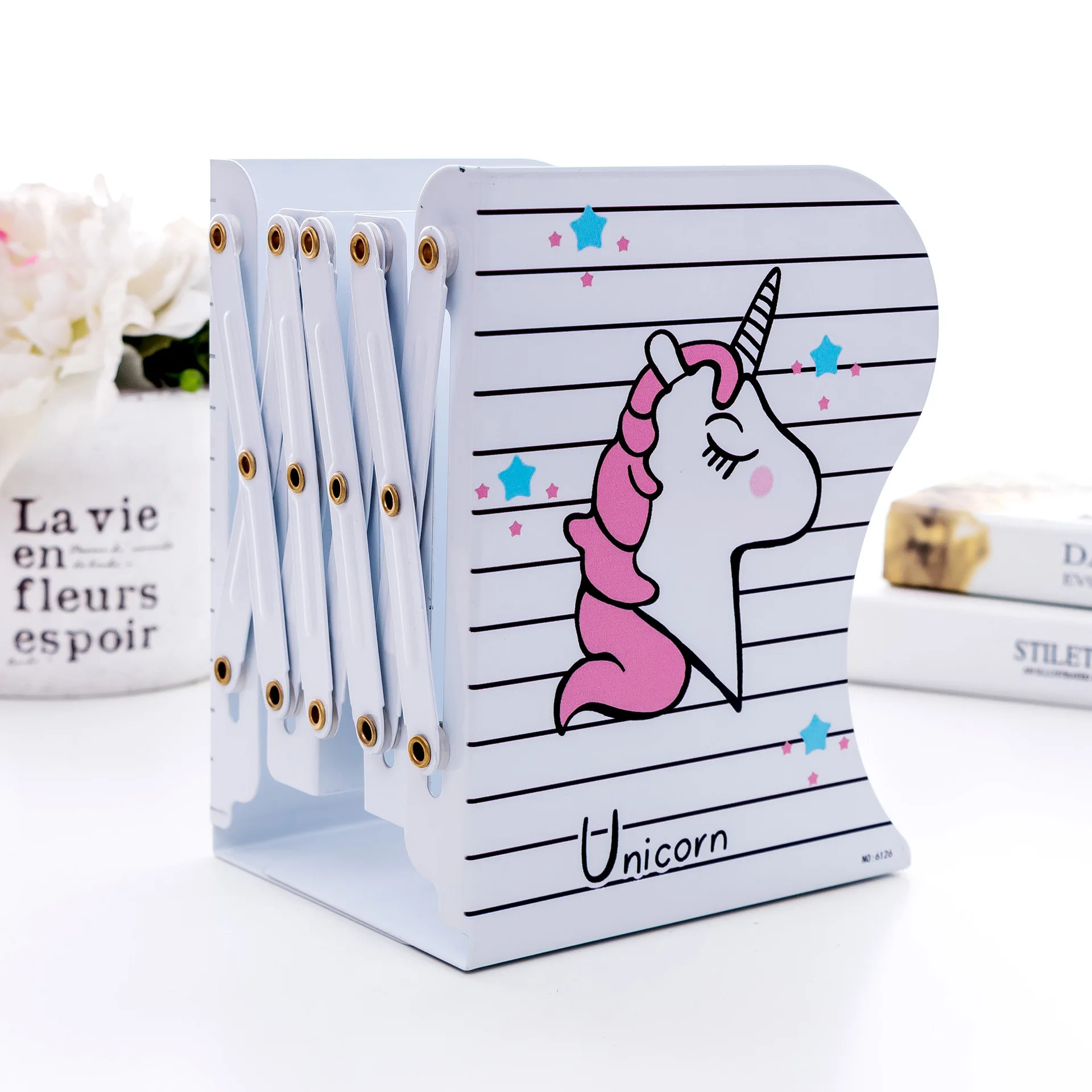 

Ben qiang Direct Hot Selling Extendable Book Shelf Folding Book Stand Metal Unicorn Cartoon Book Easel Reading Stand