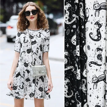 

Cat cartoon pattern plain satin printed fabric children's dress shirt pants apparel fabric