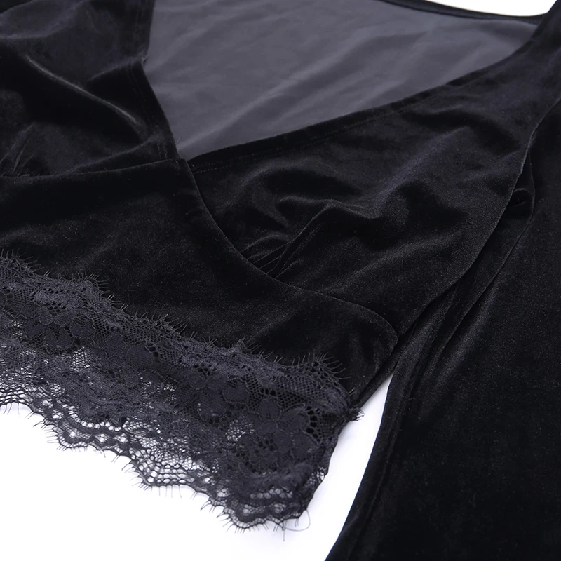 InsGoth, сексуальный женский укороченный топ, расклешенный, длинный рукав, кружево, открытая черная футболка, готика, Ретро стиль, бодикон, женские топы с v-образным вырезом, элегантный топ