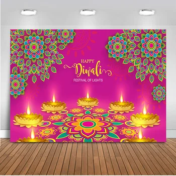 

Celebration Diwali Festive Backdrop Candles Gold Diya Crystals Color Photo Background Red Floral Backdrops for Photo Studio