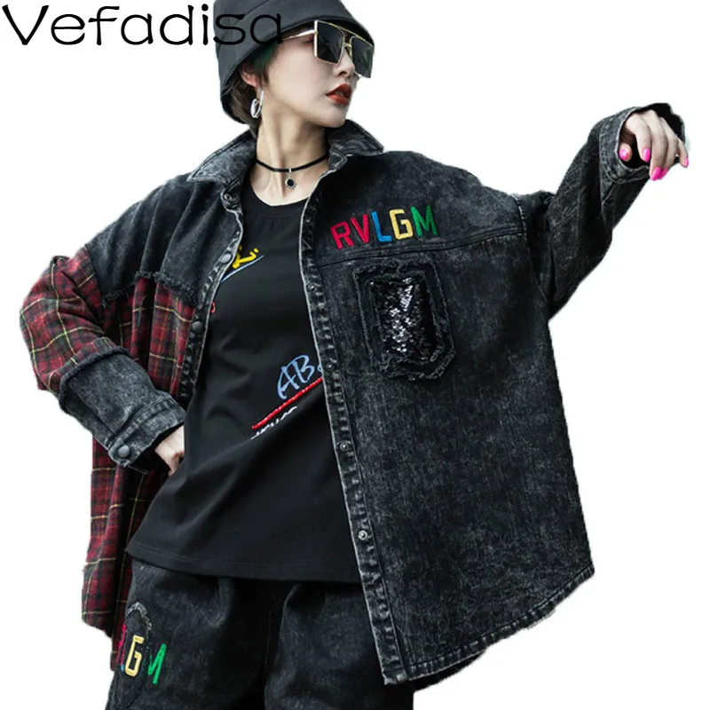 Vefadisa Plus Size Plaid Patchwork Denim Jacket Women 2021 Spring Stitching Color Coat Letter Print QYF3477 |