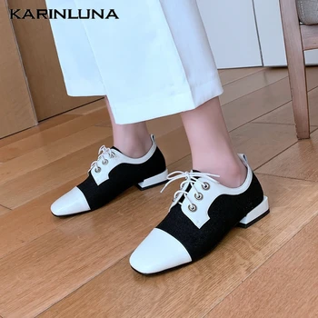 

Karinluna Brand New Fashion Patent Leather Shoelaces Patchwork Square Toe women's Shoes Pumps